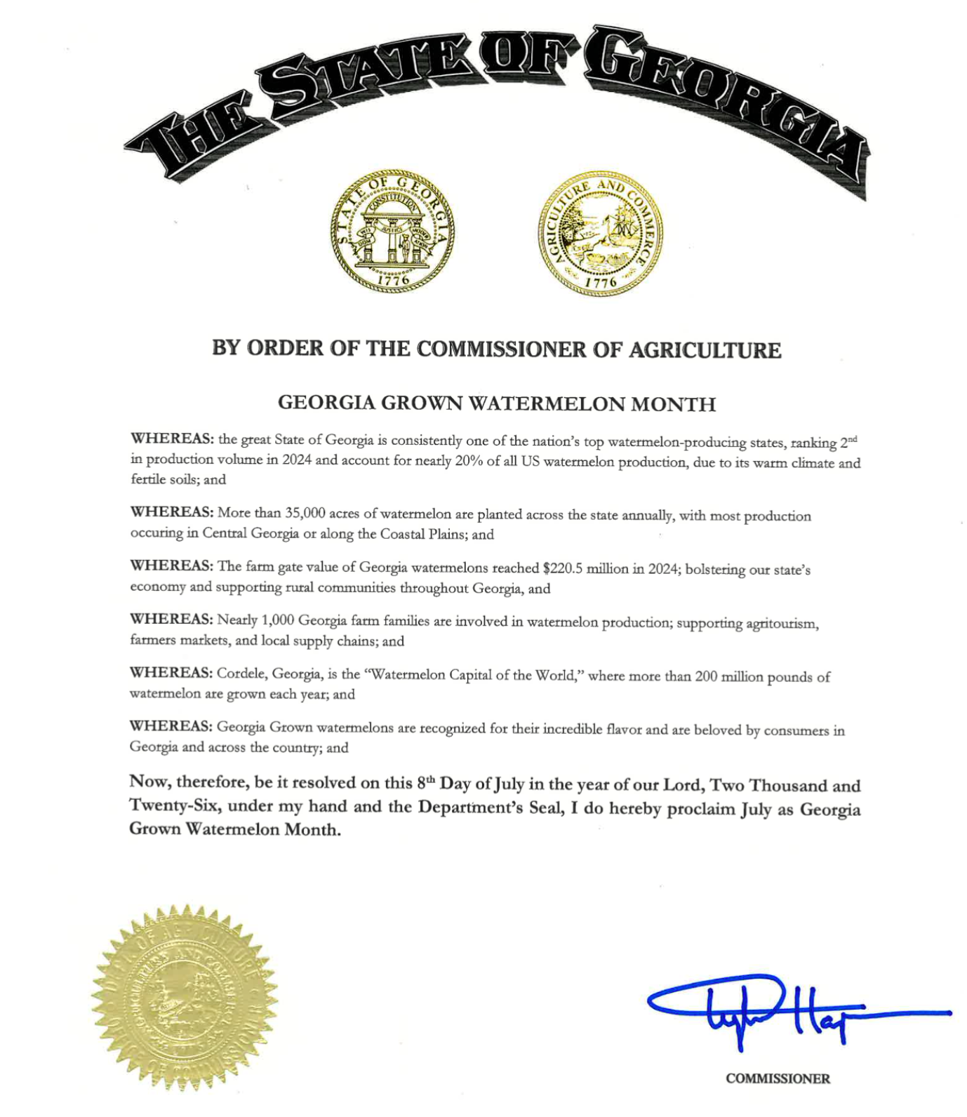 Georgia Agriculture Commissioner Declares July “Georgia Grown Watermelon Month”