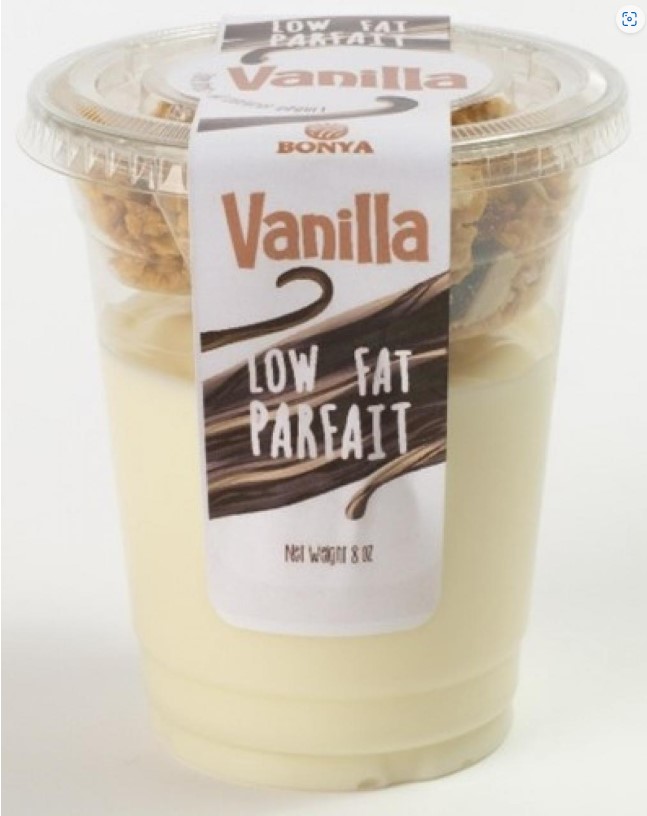 Bonya-branded yogurt parfait products (vanilla, strawberry, raspberry, peach, mango, blueberry) recalled due to undeclared almonds 