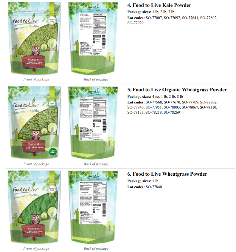 Lexunder Inc Recalls Food to Live Brand Green Powder Products Because of Possible Health Risk