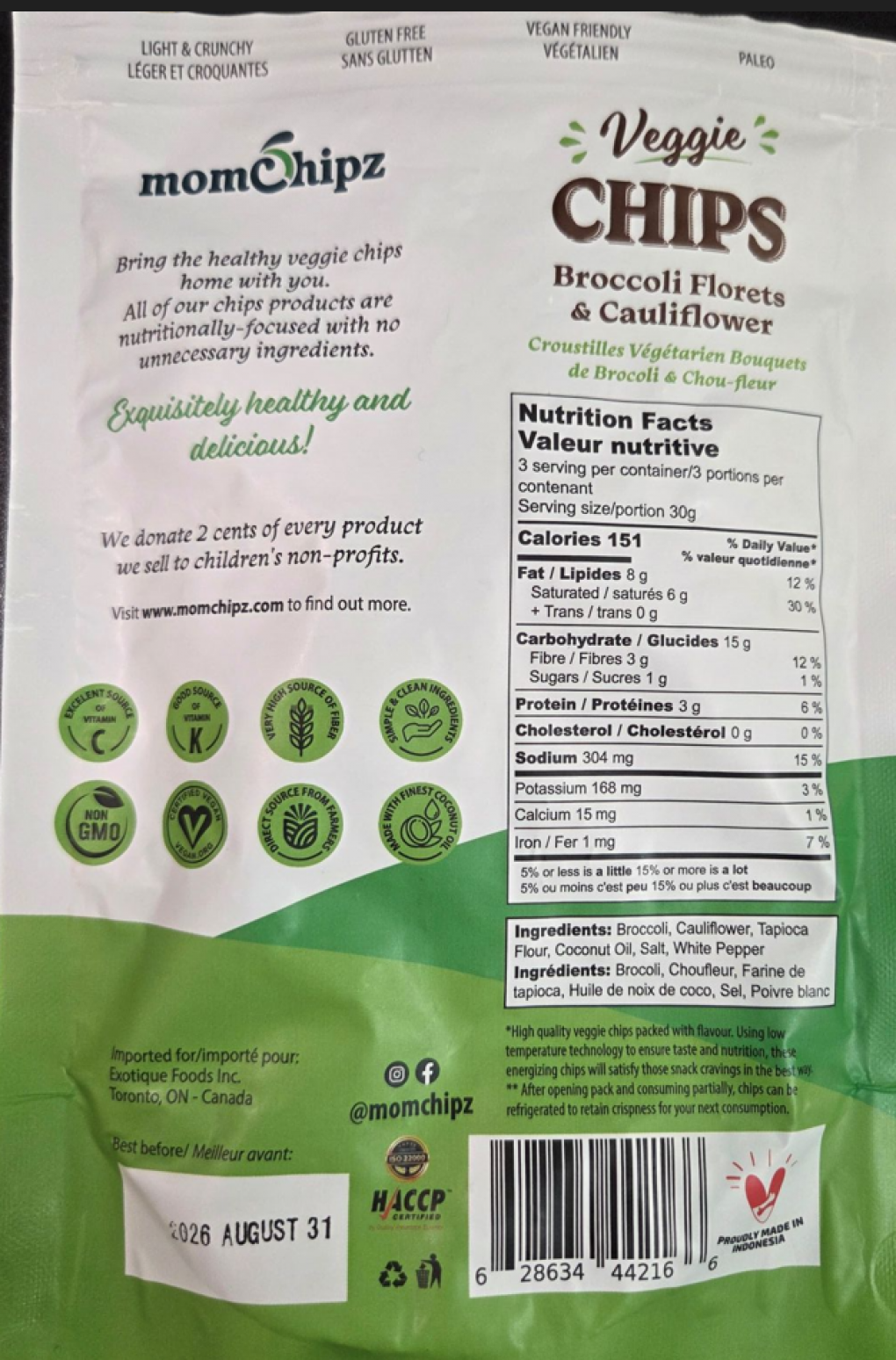 Exotique Foods Inc Recalls Momchipz Veggie Chips Broccoli Florets & Cauliflower Due to Undeclared Gluten Exotique Foods Inc Recalls Momchipz Veggie Chips Broccoli Florets & Cauliflower Due to Undeclared Gluten
