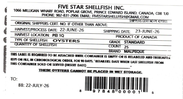 Certain Five Star Shellfish Inc. brand oysters recalled due to Salmonella Certain Five Star Shellfish Inc. brand oysters recalled due to Salmonella
