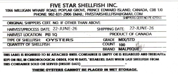 Certain Five Star Shellfish Inc. brand oysters recalled due to Salmonella Certain Five Star Shellfish Inc. brand oysters recalled due to Salmonella