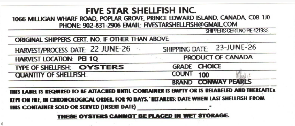 Certain Five Star Shellfish Inc. brand oysters recalled due to Salmonella Certain Five Star Shellfish Inc. brand oysters recalled due to Salmonella