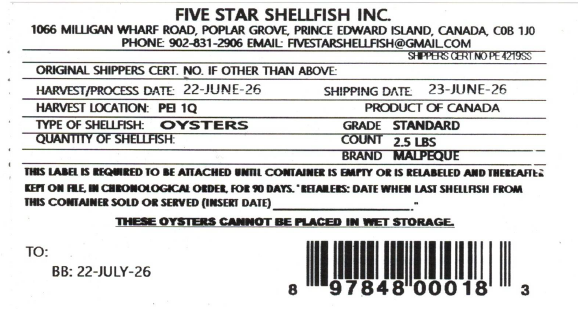 Certain Five Star Shellfish Inc. brand oysters recalled due to Salmonella Certain Five Star Shellfish Inc. brand oysters recalled due to Salmonella