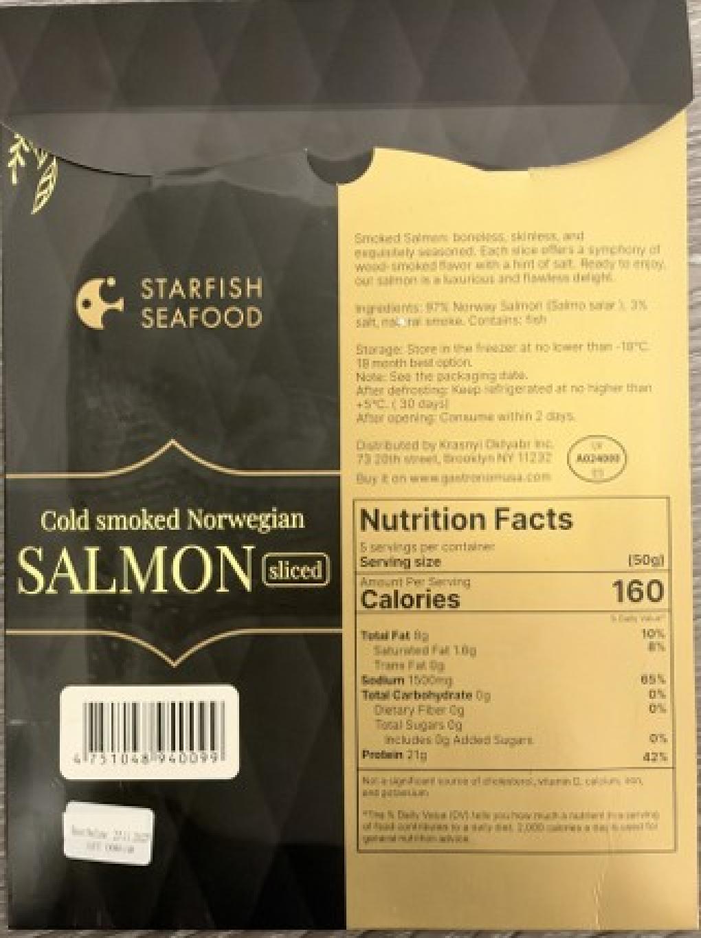 Krasnyi Oktyabr Inc. Recalls Starfish Seafood Premium Cold Smoked Norwegian Salmon Sliced (227g/8oz) Because of Possible Health Risk Krasnyi Oktyabr Inc. Recalls Starfish Seafood Premium Cold Smoked Norwegian Salmon Sliced (227g/8oz) Because of Possible Health Risk